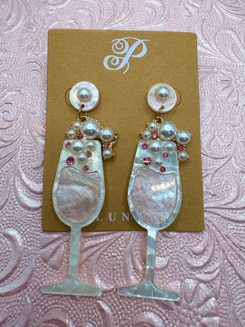 🥂 Plunder Pink Pearl Champagne Glass Drop Earrings